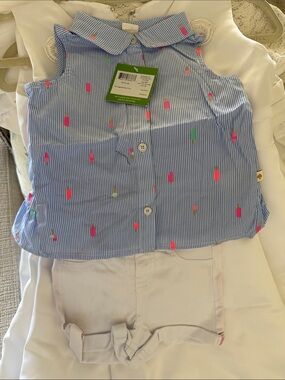 kate spade Blue & White Pinstripe Top with Neon Pops and White Shorts